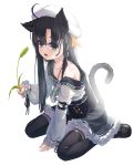  1girl absurdres ahoge animal_ears aqua_eyes bare_shoulders beret between_legs black_footwear black_hair black_legwear black_skirt blush braid cat_ears cat_girl cat_tail cat_teaser collarbone feathers frills hat high-waist_skirt highres jewelry key kimyo long_hair long_sleeves looking_at_viewer necklace off_shoulder open_mouth original shirt shoes simple_background sitting skirt solo tail thighhighs wariza white_background white_headwear white_shirt 