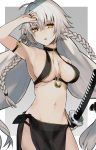  1girl ahoge bare_shoulders bikini black_bikini black_nails braid breasts collarbone commentary_request eyebrows_visible_through_hair fate/grand_order fate_(series) grey_background hair_between_eyes highres holding holding_sword holding_weapon jeanne_d&#039;arc_(alter)_(fate) jeanne_d&#039;arc_(alter_swimsuit_berserker) jeanne_d&#039;arc_(fate)_(all) katana large_breasts looking_at_viewer moonlaw navel o-ring see-through silver_hair simple_background solo swimsuit sword twin_braids weapon white_background yellow_eyes 
