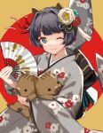  1girl animal animal_ears black_bow black_eyes bow commentary_request fan floral_print flower grey_kimono hair_flower hair_ornament highres holding holding_animal holding_fan japanese_clothes kimono looking_at_viewer one_eye_closed original pig pig_ears red_flower red_ribbon ribbon short_hair smile solo tadaomi_(amomom) white_flower 