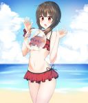  1girl :o absurdres angdo_(kakajo26) ball bare_arms bare_shoulders beach beachball bikini bikini_skirt black_ribbon blush brown_hair cloud collarbone commentary_request day eyebrows_visible_through_hair highres kono_subarashii_sekai_ni_shukufuku_wo! looking_at_viewer megumin navel outdoors red_bikini red_eyes ribbon solo swimsuit wrist_cuffs 