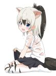  1girl aardwolf_(kemono_friends) aardwolf_ears aardwolf_print aardwolf_tail adapted_costume blue_eyes blush brown_hair commentary_request extra_ears eyebrows_visible_through_hair fang grey_hair ilyfon133 kemono_friends kneeling multicolored_hair navy_blue_skirt no_shoes open_mouth pleated_skirt ponytail shirt short_hair short_sleeves skirt solo thighhighs translucent_shirt wet wet_clothes wet_hair wet_legwear wet_shirt white_shirt zettai_ryouiki 