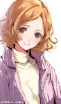  1girl blush brown_eyes brown_hair jacket looking_at_viewer mataichi_mataro okumura_haru persona persona_5 pink_sweater purple_jacket short_hair smile solo sweater 