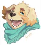  bird_dog bust_portrait canid canine canis cu_sith_(tas) domestic_dog fur fuyoudo624 golden_retriever green_eyes hunting_dog male mammal portrait retriever scarf slightly_chubby smile tokyo_afterschool_summoners tongue video_games yellow_fur 