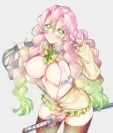  areola breasts erect_nipples kanroji_mitsuri kimetsu_no_yaiba niko_(tama) no_bra open_shirt seifuku sweater sword thighhighs 