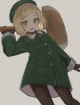  1girl axe bangs beige_background beret black_legwear blonde_hair blush brown_gloves commentary_request eyebrows_visible_through_hair fate/grand_order fate_(series) gloves green_headwear green_jacket hat highres holding holding_axe jacket long_sleeves looking_at_viewer open_mouth pantyhose parted_bangs paul_bunyan_(fate/grand_order) short_hair simple_background smile solo tadaomi_(amomom) yellow_eyes 
