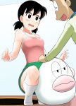  1boy 1girl black_hair blush breasts camisole commentary_request doraemon glasses highres kakkii minamoto_shizuka nobi_nobita open_mouth short_hair skirt smile socks twintails 