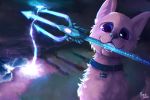  blue_eyes canid canine canis domestic_dog electricity hi_res mammal melee_weapon miragecomet pewdiepie polearm sven_(pewdiepie) trident weapon 