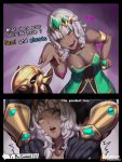  2019 anubian_jackal armlet azir_(lol) bangs blunt_bangs bracelet breasts canid canine canis clothing colored_nails comic crown dark_skin directional_arrow dress english_text eyeliner female gesture green_clothing green_dress hair hi_res human humanoid jackal jewelry jojo&#039;s_bizarre_adventure kumiko_(aleron) league_of_legends makeup male mammal meme nails nasus_(lol) necklace patreon pointing qiyana_(lol) riot_games smug standing startled text tiara to_be_continued video_games white_hair yellow_eyes 
