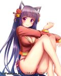  1girl animal_ears bangs bell bikini bikini_bottom blush breasts cat_ears cleavage crossed_legs eyebrows_visible_through_hair flower hair_bell hair_flower hair_ornament long_hair looking_at_viewer miyamae_porin official_art panties pantyshot pantyshot_(sitting) purple_hair red_eyes sangoku_infinity sitting smile solo swimsuit underwear zipper 