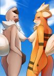  absurd_res anthro blue_eyes blush breasts brown_eyes butt canid canine chest_tuft duo female fur growlithe hi_res looking_at_viewer looking_back mammal neck_tuft nintendo nipples nipples_touching nude orange_fur pok&eacute;mon pok&eacute;mon_(species) rear_view rockruff smile three-quarter_view tuft umisag85rabb99 video_games 