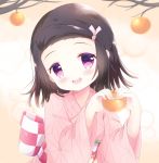  1girl :d bangs blush bow brown_hair checkered checkered_bow commentary english_commentary fingernails food forehead hair_ribbon hands_up head_tilt highres holding holding_food japanese_clothes kamado_nezuko kimetsu_no_yaiba kimono kittipat_jituatakul long_sleeves obi open_mouth parted_bangs pink_kimono pink_nails pink_ribbon purple_eyes ribbon round_teeth sash smile solo teeth tree_branch upper_body upper_teeth wide_sleeves younger 