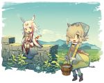  2girls alpaca_ears alpaca_suri_(kemono_friends) alternate_costume animal_ears apron araikickboxxx asymmetrical_clothes back_bow bangs bird_wings blue_apron bow bucket circlet cloud dress fur_collar fur_trim gladiator_shoes grass green_dress hair_over_one_eye hair_tubes japanese_crested_ibis_(kemono_friends) kemono_friends long_sleeves lucky_beast_(kemono_friends) lyre mountain multicolored_hair multiple_girls open_mouth pantyhose red_hair short_hair sidelocks sitting sky stone_wall wall white_dress white_hair wings wrist_cuffs yellow_eyes 