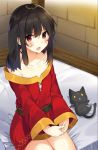  1girl :o artist_request bangs bare_shoulders bed belt black_cat black_hair blush breasts brown_belt cat chomusuke collarbone dress eyebrows_visible_through_hair indoors kono_subarashii_sekai_ni_shukufuku_wo! long_sleeves looking_at_viewer medium_hair megumin open_mouth red_dress red_eyes sitting small_breasts solo 