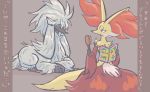  2016 aliasing ambiguous_gender anthro brush canid canine comic delphox dialogue duo feral fur furfrou furfrou_(natural_form) gd-058 hairbrush japanese japanese_text long_fur mammal multicolored_fur nintendo pok&eacute;mon pok&eacute;mon_(species) red_eyes simple_background sitting text translation_request video_games white_fur 