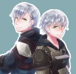  1boy artist_name ashe_duran back-to-back blue_background book crossed_arms epaulettes fire_emblem fire_emblem:_three_houses freckles gloves green_eyes grey_hair highres male_focus solo uniform yori_ill 