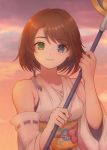  1girl blue_eyes breasts brown_hair closed_mouth commentary_request detached_sleeves final_fantasy final_fantasy_x green_eyes hair_ornament heterochromia holding japanese_clothes jewelry looking_at_viewer namerow_chang necklace short_hair smile solo staff weapon yuna_(ff10) 