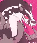  ambiguous_gender animated anthro claws close-up detailed fur headbanging kitty4president long_tongue looking_at_viewer mammal mustelid nintendo obstagoon open_mouth pok&eacute;mon pok&eacute;mon_(species) red_background red_eyes sharp_claws sharp_teeth simple_background slit_pupils smile teeth tongue tongue_out video_games 