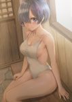  1girl absurdres bad_id bad_twitter_id bare_shoulders blue_eyes blue_hair breasts cleavage closed_mouth collarbone hair_ornament hair_over_one_eye highres looking_at_viewer one-piece_swimsuit re:zero_kara_hajimeru_isekai_seikatsu rem_(re:zero) short_hair sitting smile solo swimsuit white_swimsuit x_hair_ornament yohan1754 