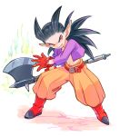  1boy axe black_hair dragon_quest dragon_quest_builders_2 fighting_stance full_body gloves grin holding holding_weapon legs_apart long_hair looking_at_viewer male_focus orange_pants pointy_ears ponytail purple_shirt red_eyes red_footwear red_gloves shirt shoes sidoh_(dqb2) simple_background smile solo spiked_hair standing weapon white_background yuza 