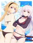  2girls ahoge ass bangs bikini black_bikini black_hairband black_jacket blonde_hair blue_eyes blush braid breasts choker cleavage collarbone commentary_request eyebrows_visible_through_hair fate_(series) hair_between_eyes hairband highres jacket jeanne_d&#039;arc_(alter)_(fate) jeanne_d&#039;arc_(alter_swimsuit_berserker) jeanne_d&#039;arc_(fate) jeanne_d&#039;arc_(fate)_(all) jeanne_d&#039;arc_(swimsuit_archer) katana large_breasts long_braid long_hair looking_at_viewer multiple_girls o-ring o-ring_bikini panipo2501 shrug_(clothing) silver_hair smile swimsuit sword very_long_hair weapon yellow_eyes 