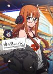  1girl :d ahoge bangs bare_shoulders belt black-framed_eyewear black_belt black_cat black_shorts blue_sclera blush bra_strap breasts brown_eyes building cat collar commentary_request cowboy_shot drawstring eyebrows_visible_through_hair fur_trim glasses grey_jacket headphones highres ito_(daisukidanchi) jacket long_hair looking_at_viewer medium_breasts morgana_(persona_5) off-shoulder_shirt off_shoulder open_clothes open_jacket open_mouth orange_hair persona persona_5 petals photo_background railroad_tracks sakura_futaba shirt short_shorts shorts smile standing t-shirt translation_request white_shirt yellow_collar 