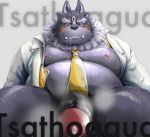  2019 anthro belly blush bodily_fluids clothed clothing drooling hi_res male moobs necktie nipples open_shirt overweight overweight_male penis saliva shirt simple_background sitting solo text tokyo_afterschool_summoners topwear tsathoggua video_games yunukopi 