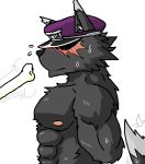  78 2018 abs alternate_version_at_source anthro biceps black_fur blush bone canid canine canis clothed clothing domestic_dog embarrassed fur gesture hat headgear headwear male mammal mostly_nude muscular muscular_male nipples pecs solo tadatomo tailwag tokyo_afterschool_summoners topless video_games waving 