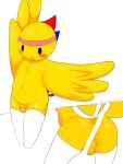  abunaiesennyou_san accessory animal_humanoid avian avian_humanoid balls blush bodily_fluids censored clothed clothing headband humanoid humanoid_penis male partially_clothed penis raised_arm simple_background solo standing sweat topless yellow_body young 
