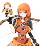  1girl artist_name bow_(weapon) braid chibi eyebrows_visible_through_hair fire_emblem fire_emblem:_three_houses gloves leonie_pinelli looking_at_viewer orange_eyes orange_hair over_shoulder russell_rasseru short_hair shoulder_armor signature smile solo weapon weapon_over_shoulder white_background 