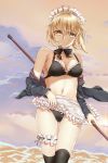  1girl apron artist_request artoria_pendragon_(all) artoria_pendragon_(swimsuit_rider_alter) bangs bikini black_bikini black_jacket black_legwear black_ribbon black_swimsuit blonde_hair blush braid breasts cleavage commentary_request eyebrows_visible_through_hair fate/grand_order fate_(series) frills highres holding jacket looking_at_viewer maid_bikini maid_headdress medium_breasts navel off-shoulder_jacket open_clothes outdoors ribbon short_hair solo swimsuit thighhighs v-shaped_eyebrows water white_apron yellow_eyes 