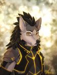  2019 amber_eyes anthro black_nose canid canine clothed clothing digital_media_(artwork) eybrows fur grey_fur hi_res looking_at_viewer male mammal shariea solo yellow_eyes 
