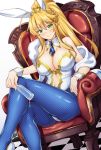  1girl ahoge animal_ears artoria_pendragon_(all) artoria_pendragon_(lancer) ass bangs bare_shoulders blonde_hair blue_legwear blue_neckwear blush braid breasts bunny_ears chair checkered checkered_floor cleavage closed_mouth crossed_legs cup detached_collar drinking_glass fate/grand_order fate_(series) fishnet_pantyhose fishnets french_braid green_eyes hair_between_eyes highres large_breasts leotard long_hair looking_at_viewer navel navel_cutout necktie pantyhose ponytail sash shirokuma_a sidelocks simple_background sitting smile solo thighs tiara white_background white_leotard wine_glass wrist_cuffs 