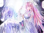  aliasing blue_eyes blush butterfly cropped fan japanese_clothes kimono long_hair megurine_luka mullpull pink_hair see_through tattoo umbrella vocaloid watermark 