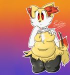  2019 anthro belly big_belly big_breasts braixen breasts clothing female fur hi_res legwear mammal nintendo overweight overweight_female owo pok&eacute;mon pok&eacute;mon_(species) red_eyes simple_background slightly_chubby solo thick_thighs tights video_games 