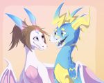  2019 5:4 blue_eyes blue_scales brown_hair digital_media_(artwork) dragon duo female feral hair hi_res horn icelectricspyro male membrane_(anatomy) membranous_wings open_mouth scales scalie simple_background spines teeth tongue western_dragon wings 