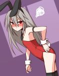  1girl animal_ears blush bunny_ears bunny_girl bunnysuit commentary detached_collar elena_trafalgar embarrassed fake_animal_ears flat_chest highres ikune_juugo long_hair original red_eyes silver_hair solo thighhighs wrist_cuffs 