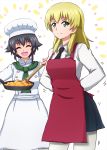  2girls anzio_school_uniform apron arms_behind_back ascot bangs black_hair black_neckwear black_skirt blonde_hair braid carpaccio chef_hat chef_uniform closed_mouth commentary dress_shirt emblem eyebrows_visible_through_hair facing_viewer girls_und_panzer green_eyes green_neckwear hat highres holding long_hair long_sleeves looking_at_viewer miniskirt motion_lines multiple_girls necktie omachi_(slabco) open_mouth pantyhose pepperoni_(girls_und_panzer) pleated_skirt red_apron school_uniform shirt short_hair side_braid skillet skirt smile standing waist_apron white_apron white_headwear white_legwear white_shirt wooden_spoon 