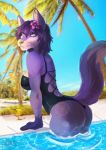  2019 absurd_res anthro blue_eyes butt canid canine canis clothing day detailed_background digital_media_(artwork) domestic_dog eri-yo green_nose hair hi_res mammal outside purple_hair sky smile submerge swimwear water 