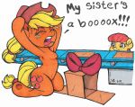  2019 accessory apple_bloom_(mlp) applejack_(mlp) box clothing cowboy_hat duo earth_pony english_text equid equine female feral friendship_is_magic hair hair_accessory hair_bow hair_ribbon hat headgear headwear hi_res horse latecustomer mammal my_little_pony pony ribbons sibling simple_background sister sisters text trolling white_background 