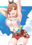  1girl :d absurdres arm_behind_head arm_up armpits atelier_(series) atelier_ryza belt blue_sky blush breasts brown_eyes brown_hair cleavage cloud commentary_request hair_ornament hairclip hat highres jewelry large_breasts looking_at_viewer necklace open_mouth red_shorts reisalin_stout shiyo_yoyoyo short_hair short_shorts shorts sky smile solo star teeth thighhighs thighs upper_teeth white_headwear white_legwear 