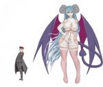  big_breasts blue_hair breasts cloak clothing demon gloves hair handwear horn humanoid legwear neon_fox sharp_teeth simple_background teeth tights wings 