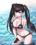  1girl absurdres arm_under_breasts bare_shoulders beruko_(rladustns50) bikini black_bikini black_gloves black_hair black_ribbon blush breasts cleavage collarbone day eyebrows_visible_through_hair girls_frontline gloves grey_bikini groin groin_tendon hair_bun hand_on_own_thigh highres large_breasts long_hair looking_at_viewer mole mole_on_shoulder mole_under_eye open_mouth ouroboros_(girls_frontline) outdoors red_eyes ribbon round_teeth sangvis_ferri shadow shiny shiny_hair solo striped striped_bikini swimsuit teeth thighs tongue twintails twitter_username two-tone_bikini underboob v-shaped_eyebrows very_long_hair wading water wet 