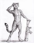  0laffson 2019 4_toes 5_fingers anthro balls cheetah digitigrade felid feline fingers fur gun hi_res holding_object holding_weapon male mammal penis ranged_weapon smile solo spots spotted_fur toes traditional_media_(artwork) weapon 
