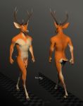  3d_(artwork) animated anthro antlers balls beastmilk biped cervid dangling digital_media_(artwork) horn male mammal nipples nude penis simple_background solo 