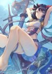  1girl armpits arms_up bangs bare_shoulders belt bikini blue_eyes breasts commentary_request fate/grand_order fate_(series) floral_print goggles goggles_on_head hair_ornament highres katana katsushika_hokusai_(fate/grand_order) katsushika_hokusai_(swimsuit_saber)_(fate) looking_at_viewer mashuu_(neko_no_oyashiro) medium_breasts navel obi octopus parted_lips purple_hair sash short_hair solo swimming swimsuit sword tokitarou_(fate/grand_order) underwater weapon white_bikini 