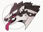  ambiguous_gender anthro close-up cute_fangs detailed fur hi_res long_tongue looking_at_viewer mammal mustelid nintendo obstagoon open_mouth pok&eacute;mon pok&eacute;mon_(species) portrait red_eyes savkate sharp_teeth simple_background smile solo teeth tongue tongue_out video_games white_background 