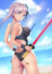  1girl ass asymmetrical_hair bangs bare_shoulders beach black_swimsuit blue_eyes breasts bun_cover cloud commentary_request day eyebrows_visible_through_hair fate/grand_order fate_(series) from_behind holding holding_weapon large_breasts long_hair looking_at_viewer maekawa_yuichi miyamoto_musashi_(swimsuit_berserker)_(fate) outdoors solo swimsuit water weapon 