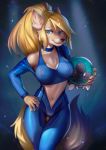  absurd_res alien anthro blonde_hair blue_eyes bodysuit bra breasts canid canine chest_tuft choker cleavage clothed clothing collar female fox fur fur_fluff fur_tuft hair hand_on_hip hi_res jewelry looking_at_viewer mammal metroid metroid_(species) midriff navel necklace nintendo nipple_outline pet samus_aran skinsuit sports_bra tight_clothing tight_suit tuft underwear unzipping vagabondbastard video_games zero_suit 