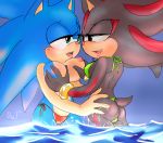  anthro bikini bikini_bottom bracelet breast_grab breast_size_difference breasts butt butt_grab camel_toe clothed clothing crossgender duo female female/female green_eyes hand_on_breast hand_on_butt jewelry krazyelf nipples open_mouth open_smile partially_submerged red_eyes shadow_the_hedgehog simple_background smile sonic_(series) sonic_the_hedgehog swimwear topless water 