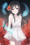  1girl bare_shoulders black_hair blue_eyes breasts collarbone commentary_request dress flower hair_flower hair_ornament highres long_hair looking_at_viewer night night_sky original parted_lips red_eyes red_flower short_dress sky small_breasts standing tears teeth white_dress yuhi_(hssh_6) 